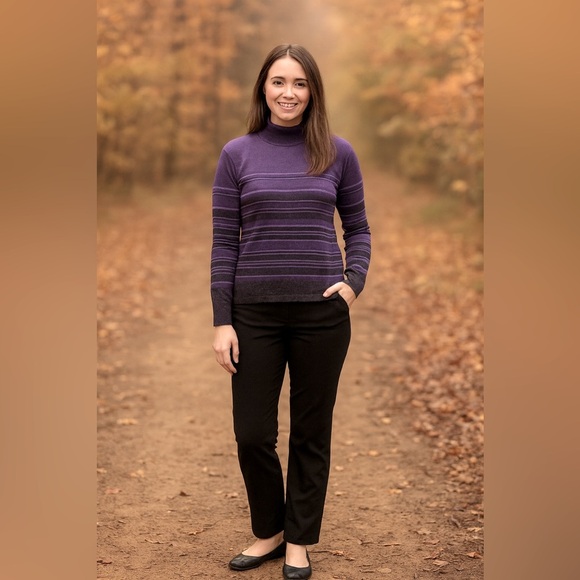 Talbots Merino Wool Turtleneck Sweater Made in Italy Size Medium Purple Striped - Picture 1 of 5